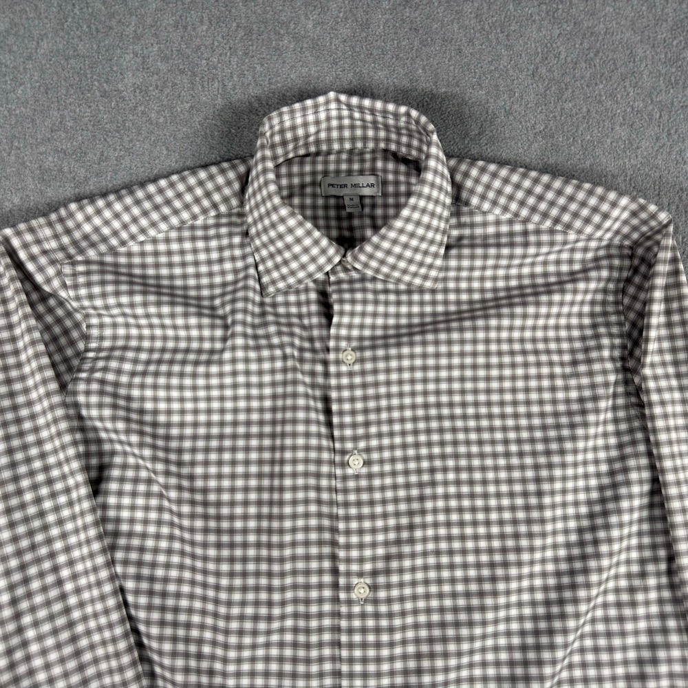 Peter Millar Mens Gingham Check Performance Button Down Shirt M Gray Long Sleeve